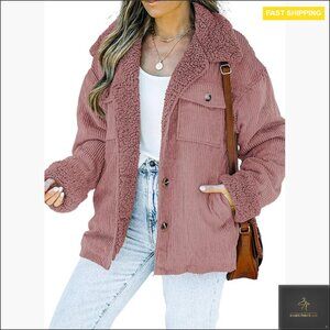 Corduroy Sherpa Jacket Fleece Lined Button Down Oversized Boyfriend Style Coat